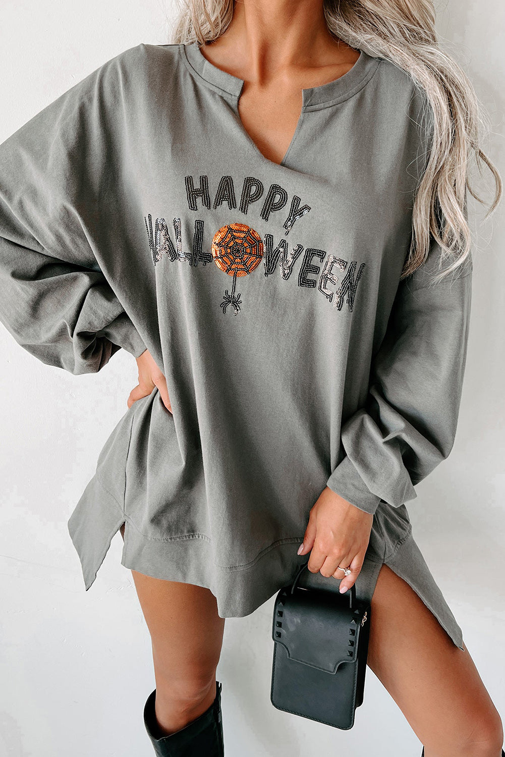 Haut femme graphique, paillettes, manches longues, ample — gris