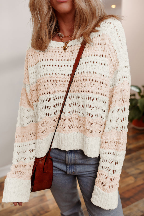 Pull femme épaules tombantes, casual, colorblock — rose