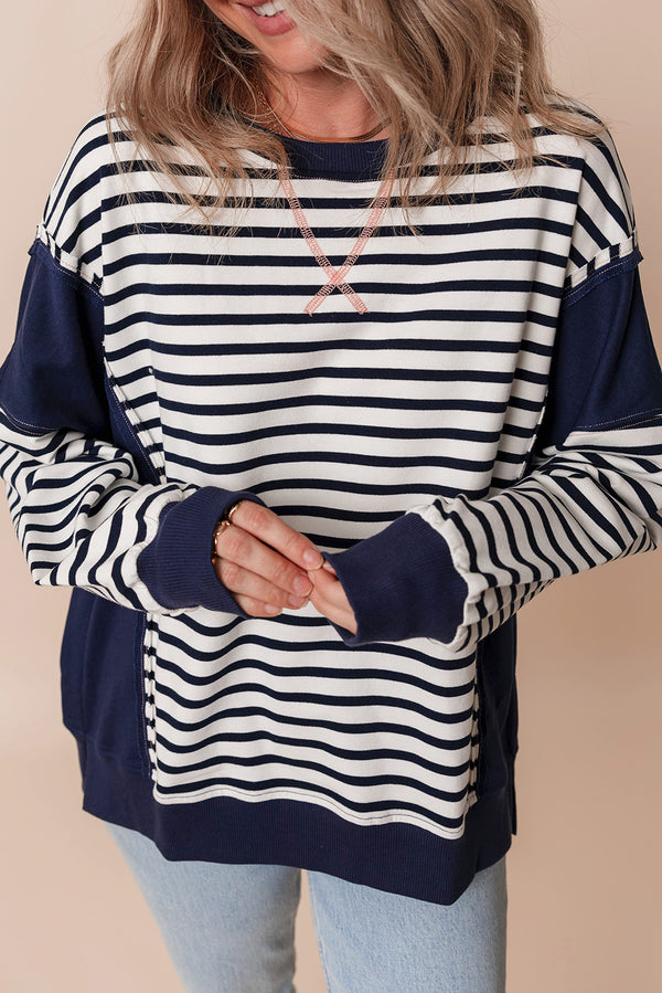 Sweat femme rayé, ample, colorblock — blanc