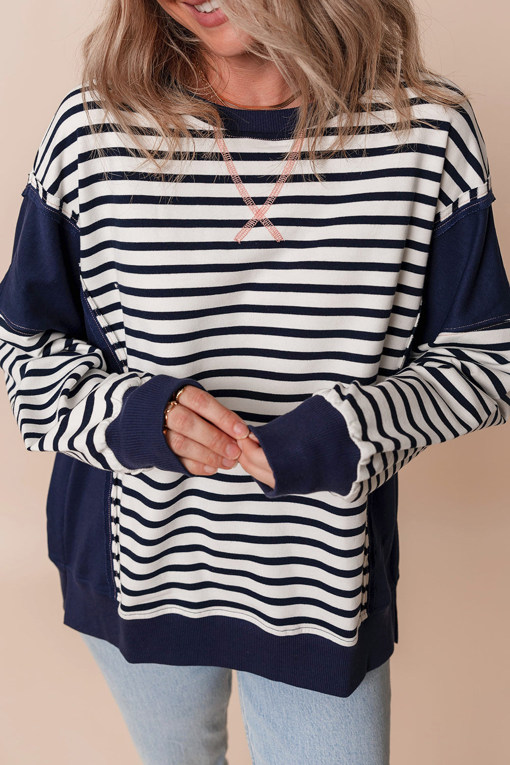 Sweat femme rayé, ample, colorblock — blanc