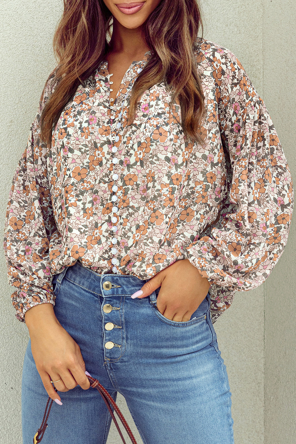 Chemise femme floral, boutonnée, manches bouffantes — orange