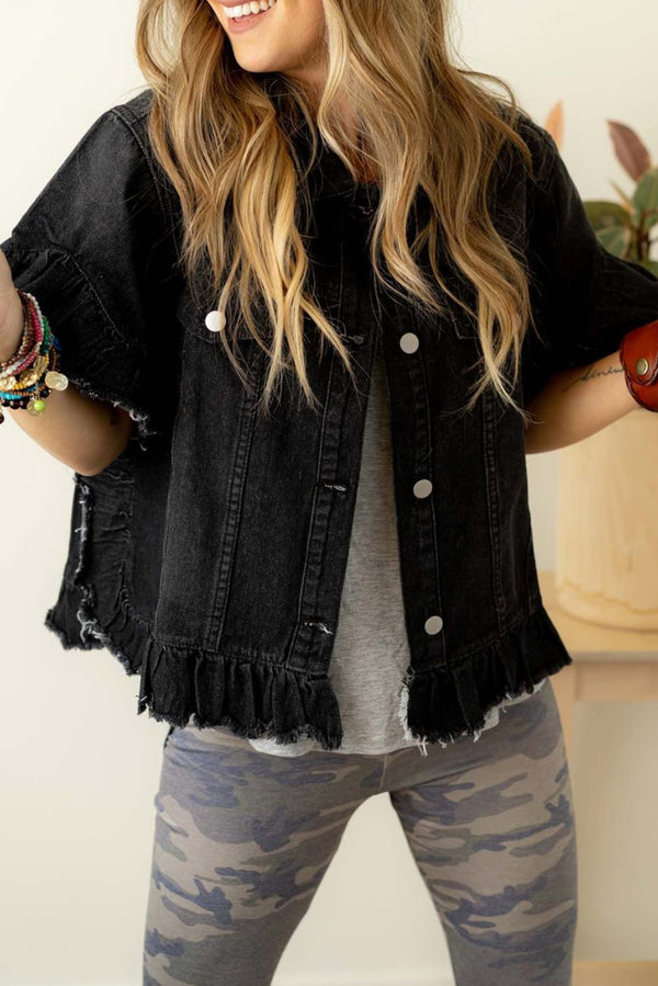 Veste femme à volants, manches courtes, denim — noir