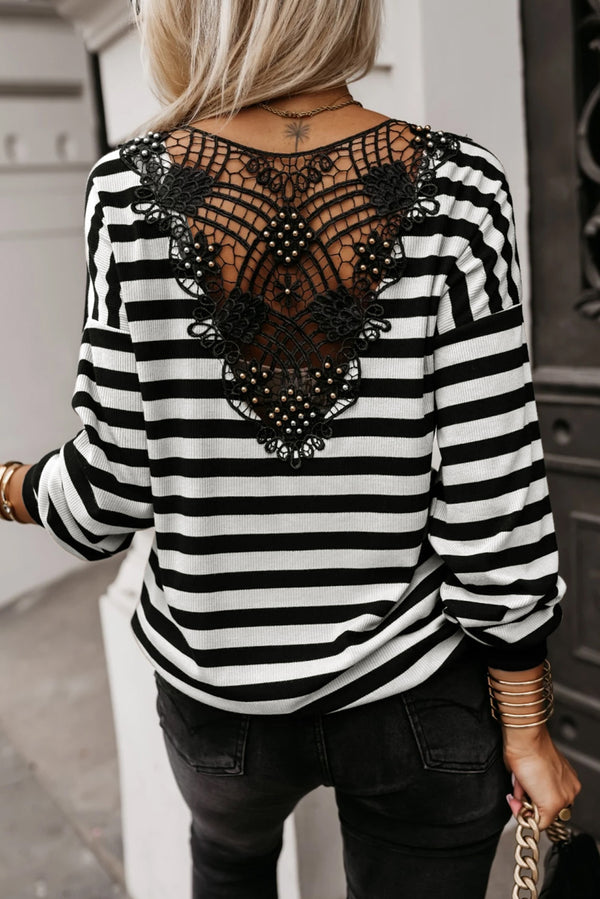 Haut femme rayé, boutonnée, col V — noir