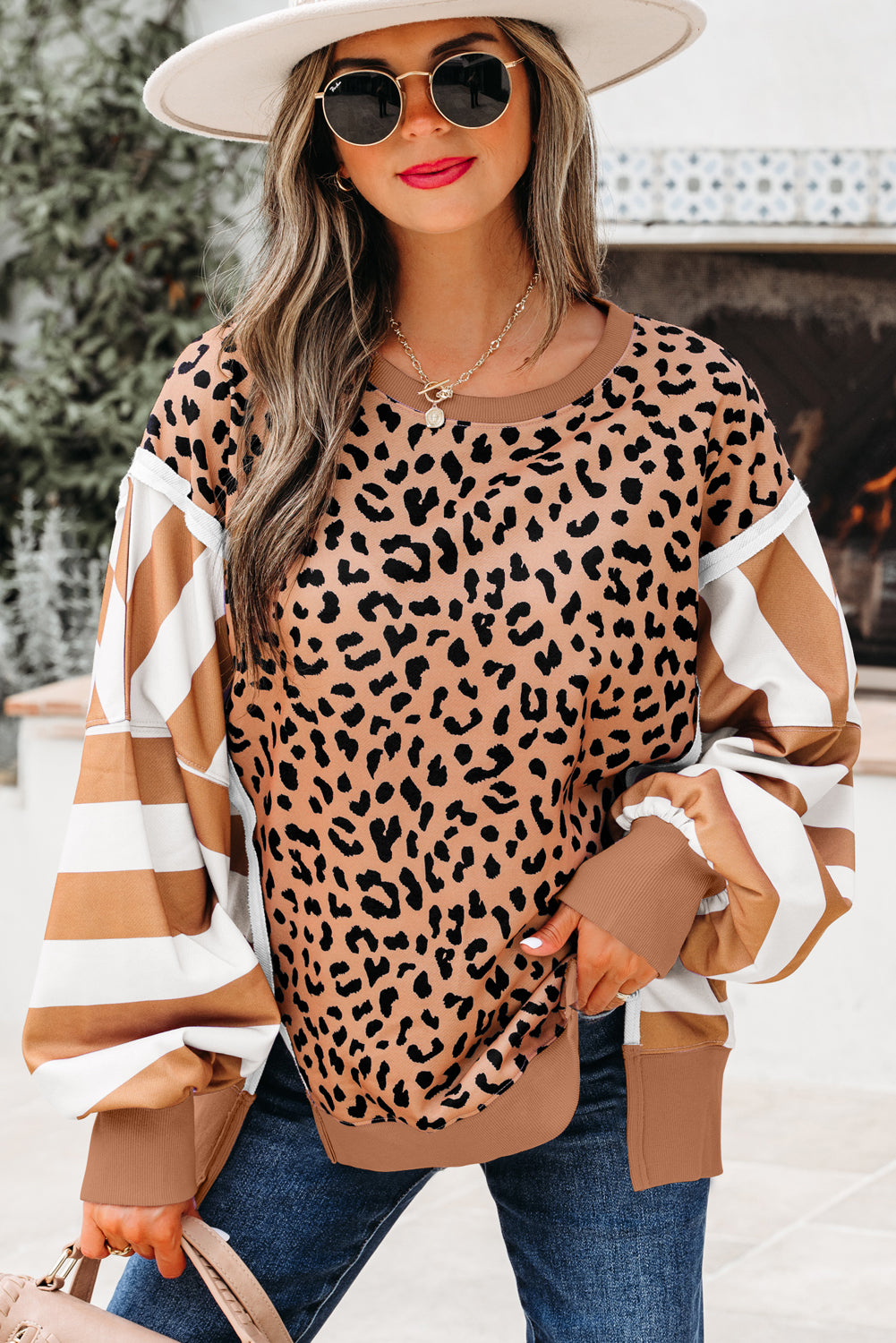 Sweat femme léopard, rayé, patchwork, casual, colorblock — kaki
