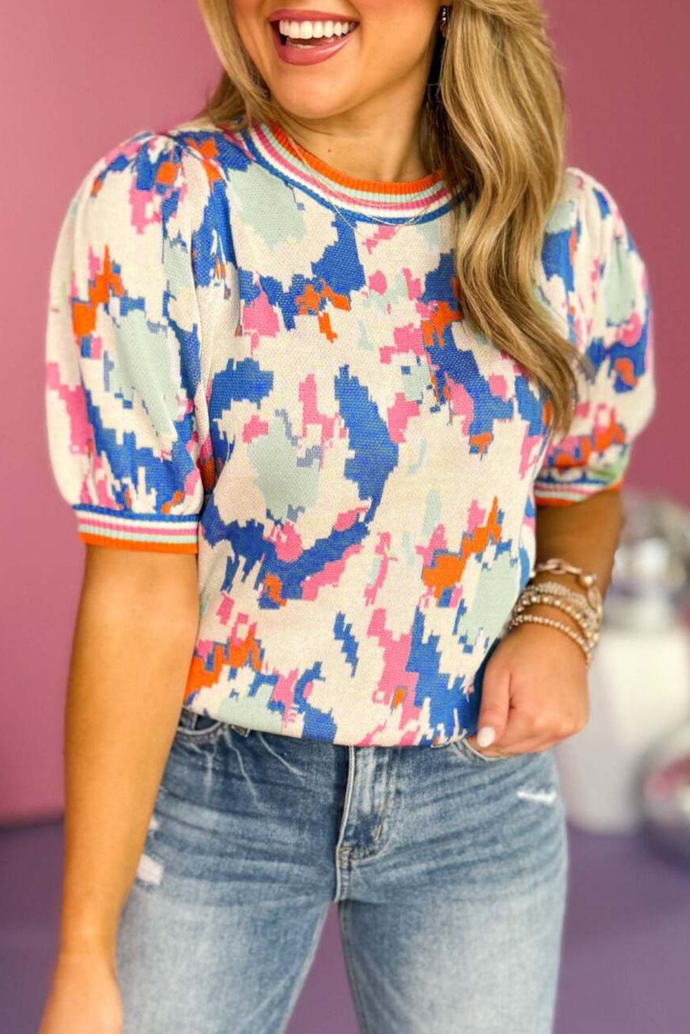 Pull femme rayé, en maille, manches courtes — abricot