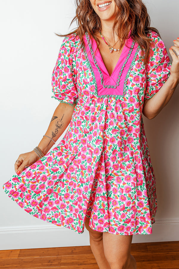 Robe courte femme floral, patchwork, manches ballon, col V — rose
