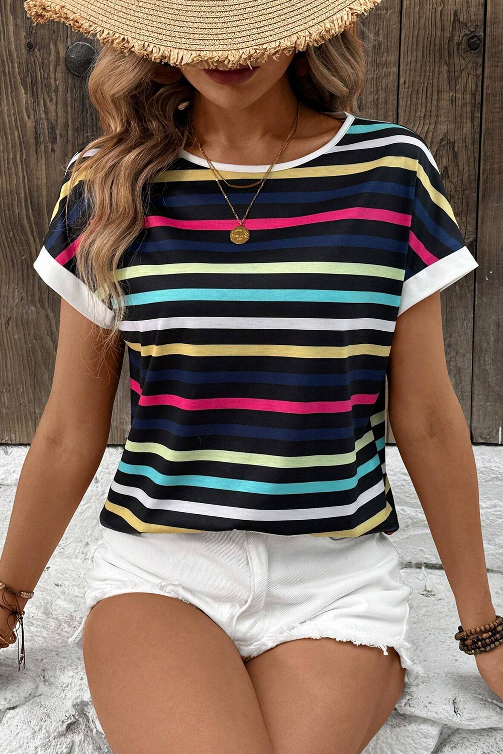 T-shirt femme rayé, col rond — multicolore