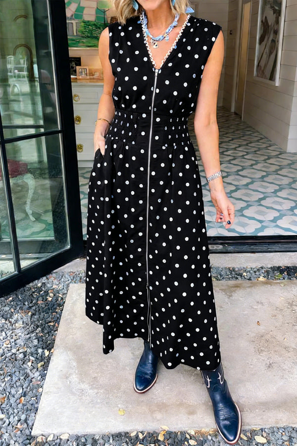 Robe femme pois, zip, sans manches, col V, bordure contrastée — noir