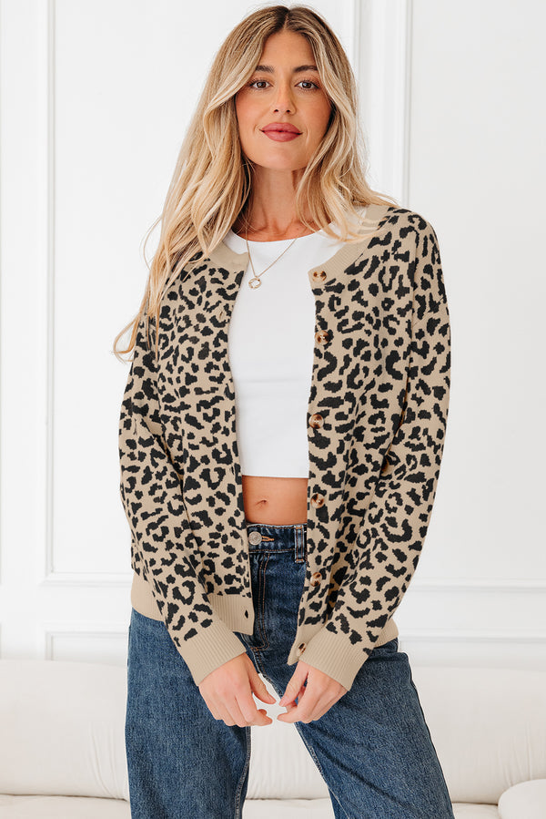 Black Leopard Drop Shoulder Chunky Knitted Cardigan Sweater femme