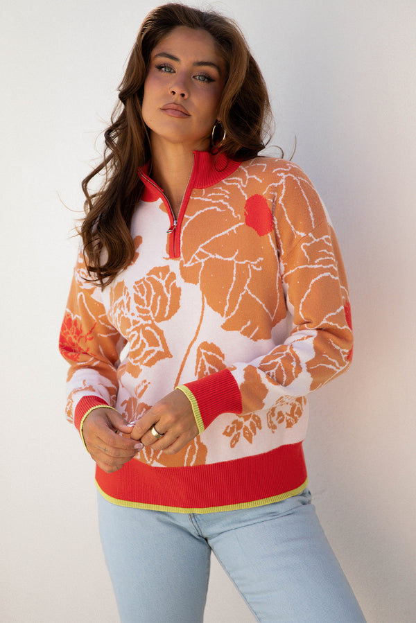 Pull femme floral, zip — kaki
