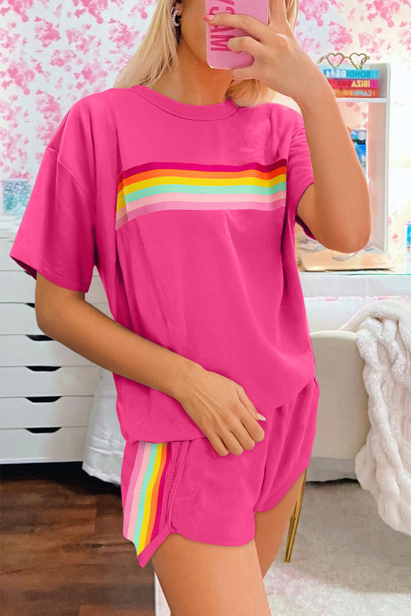 Rose Red Vibrant Striped Detail Athleisure 2pcs Short Set femme