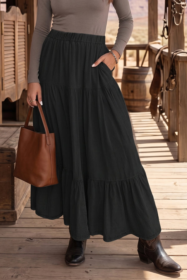 Jupe femme à volants, à étages, taille élastique, denim, maxi — noir