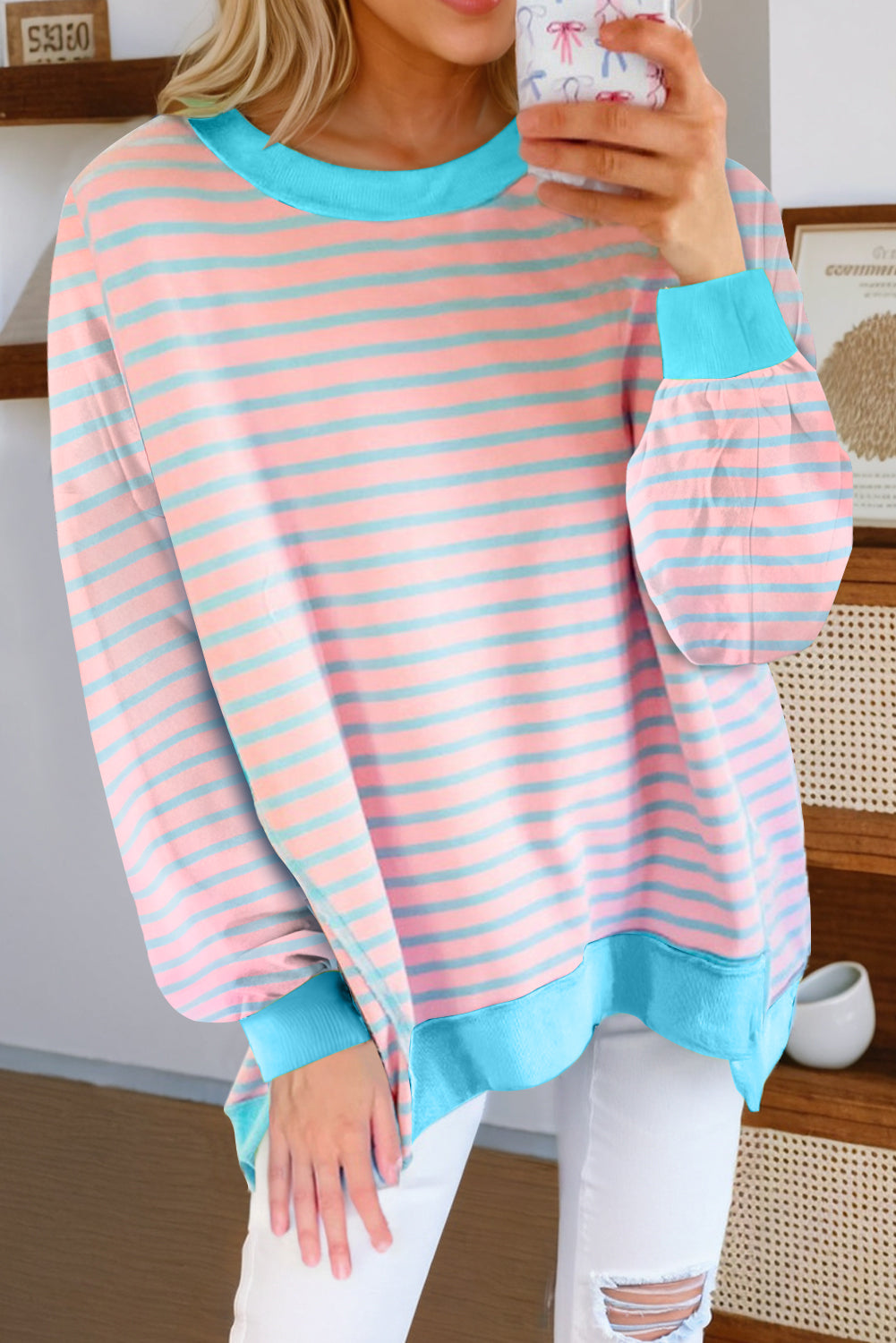 Sweat femme rayé, bordure contrastée — rose