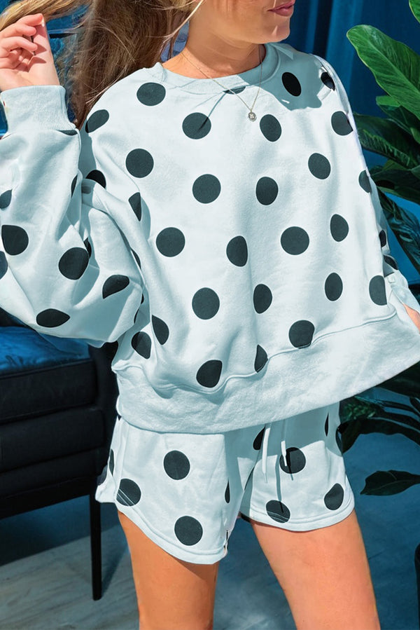 Short femme pois, à cordon, épaules tombantes — bleu ciel