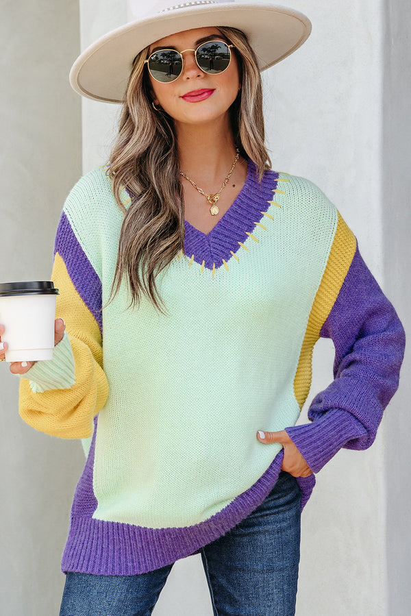 Pull femme en maille, épaules tombantes, col V, colorblock — vert