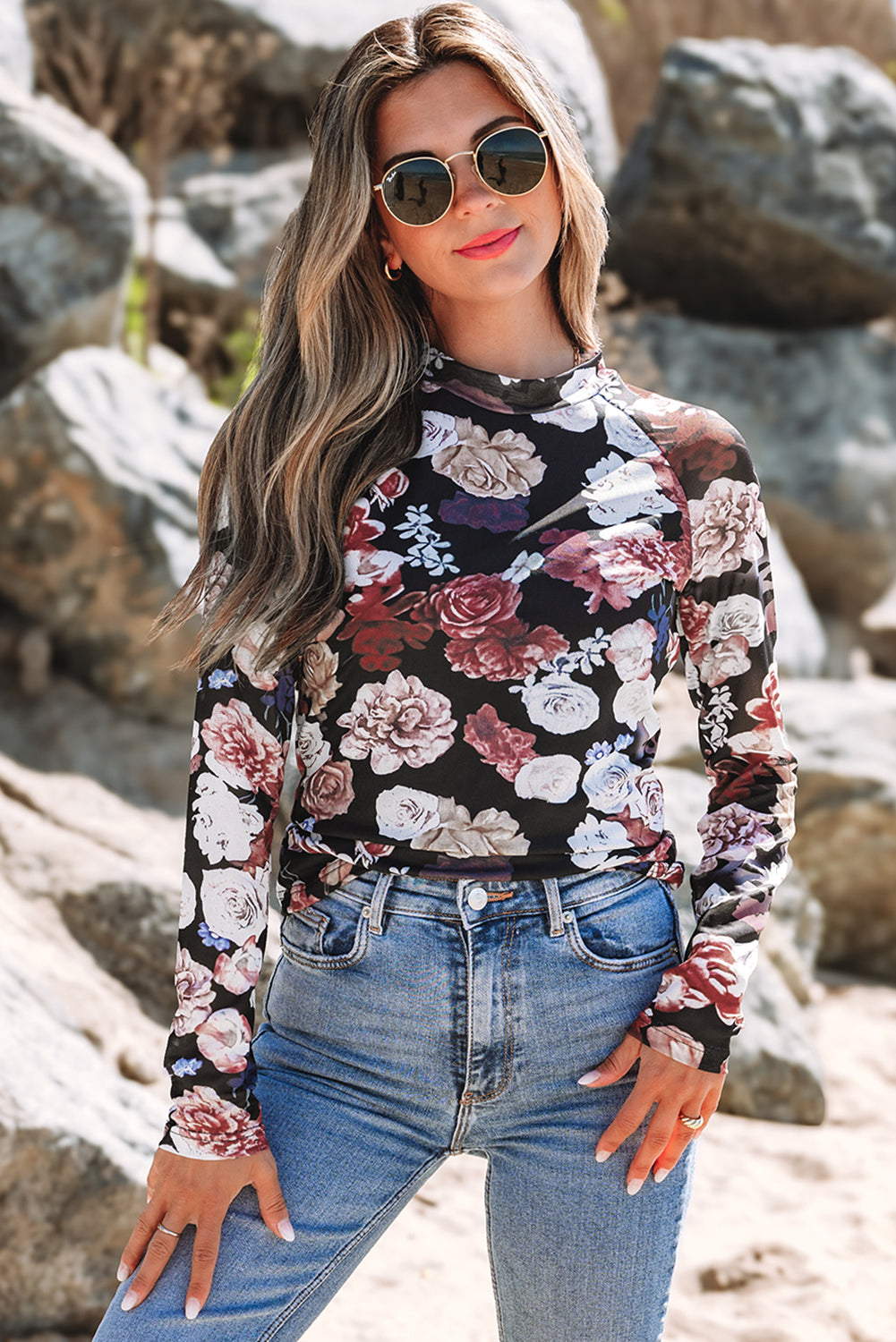 Haut femme floral, transparent, manches longues, col montant — rose