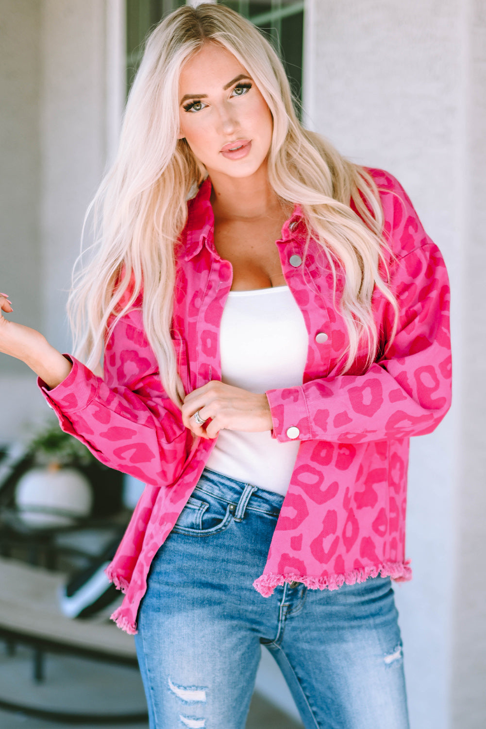 Veste femme léopard, boutonnée — rose