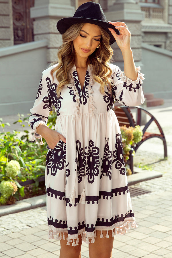 Robe courte femme col V — beige
