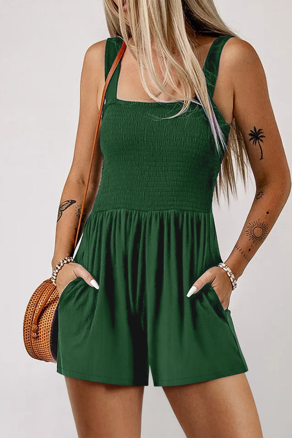 Combinaison femme smocké, poches, sans manches, casual — vert