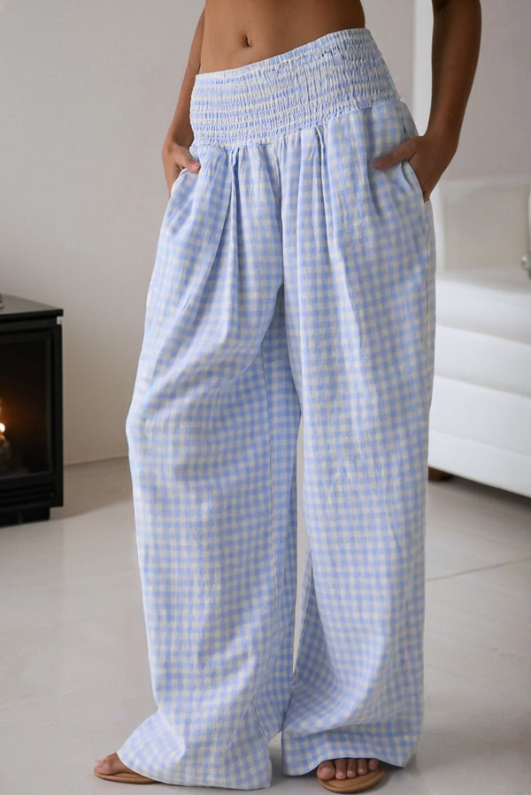 Pantalon femme à carreaux, smocké, taille haute, ample
