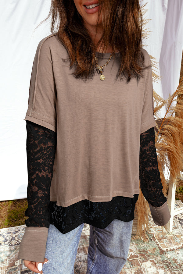 T-shirt femme patchwork, transparent, manches longues, casual — beige