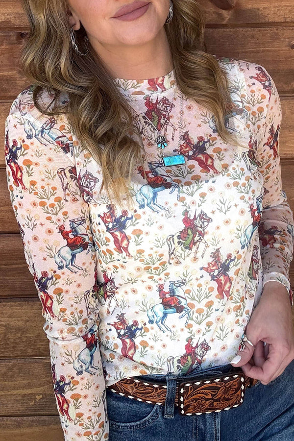 Haut femme floral, transparent, manches longues — beige