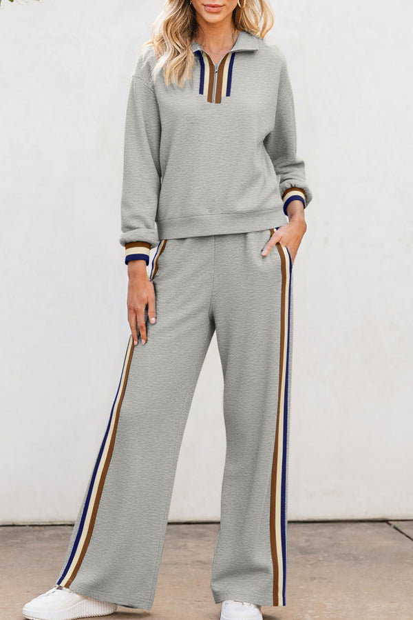 Pantalon femme rayé, patchwork, zip, ample — gris
