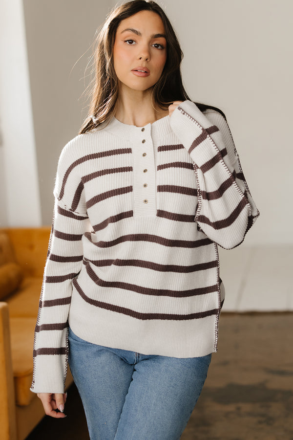 Pull femme rayé, épaules tombantes, côtelé — marron