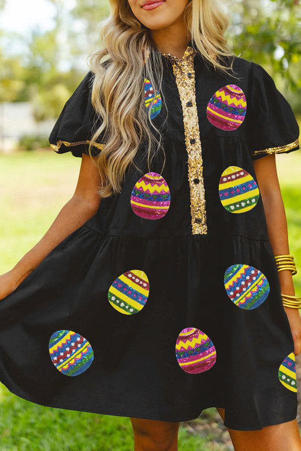 Robe femme paillettes, boutonnée, demi-boutonnage, manches bouffantes — noir