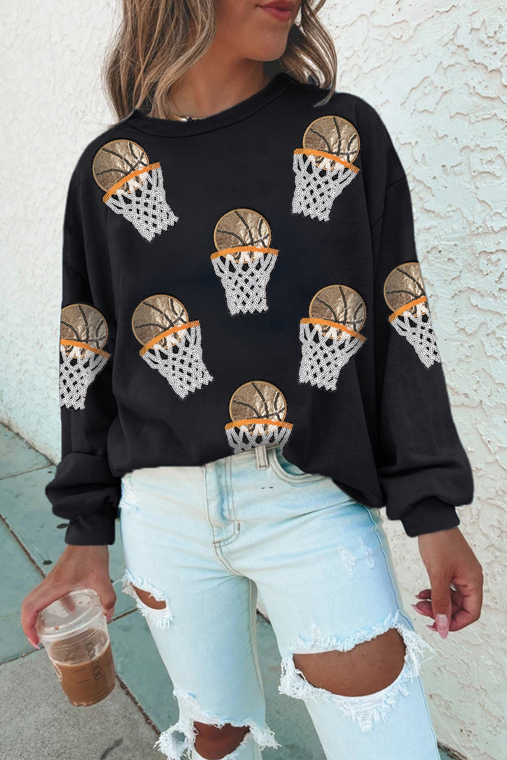 Sweat femme graphique, col rond — noir