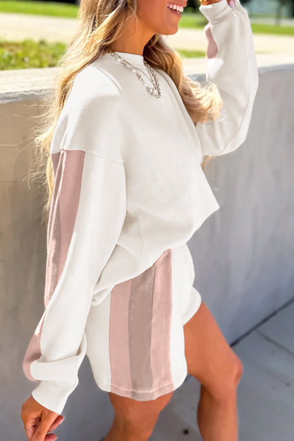 Ensemble femme patchwork, épaules tombantes, casual, colorblock — blanc