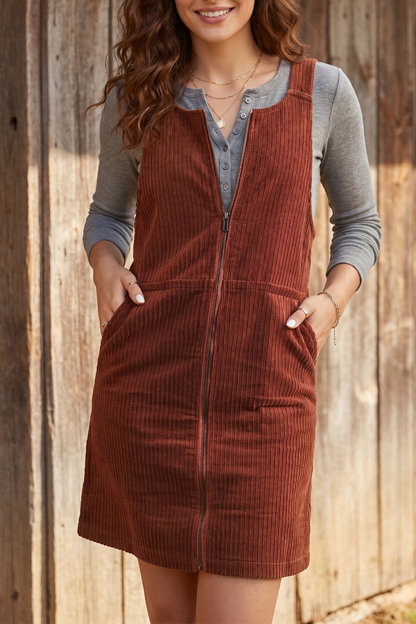 Robe femme zip, poches, sans manches, côtelé