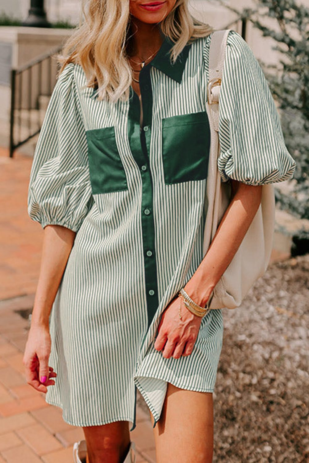 Robe femme boutonnée, poches, manches bouffantes — vert