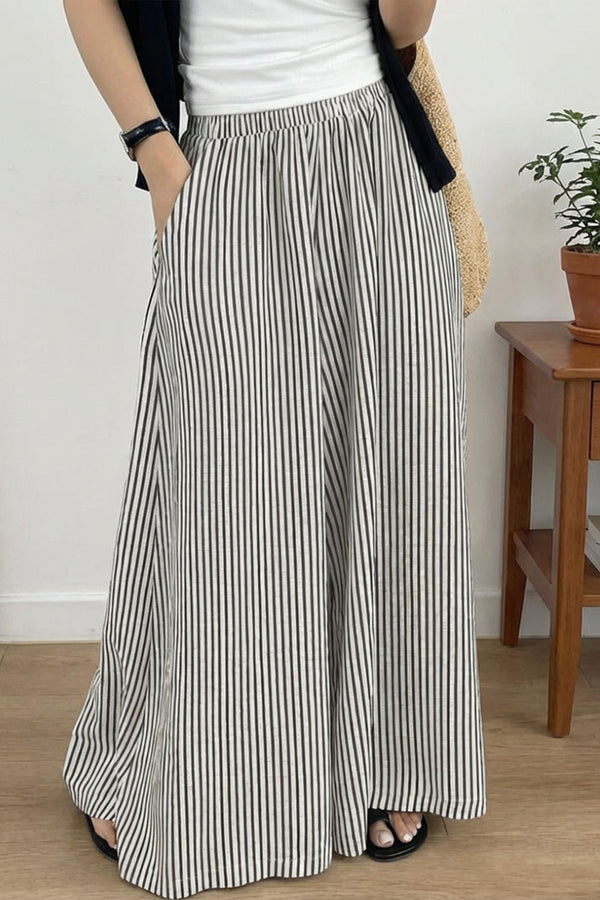 Pantalon femme rayé, taille élastique, jambe large — noir