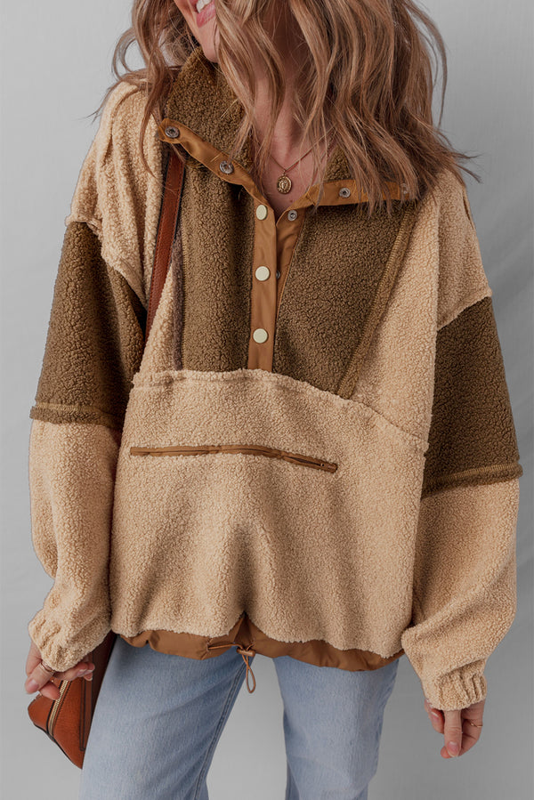Sweat femme patchwork, boutonnée, demi-boutonnage, colorblock — jaune