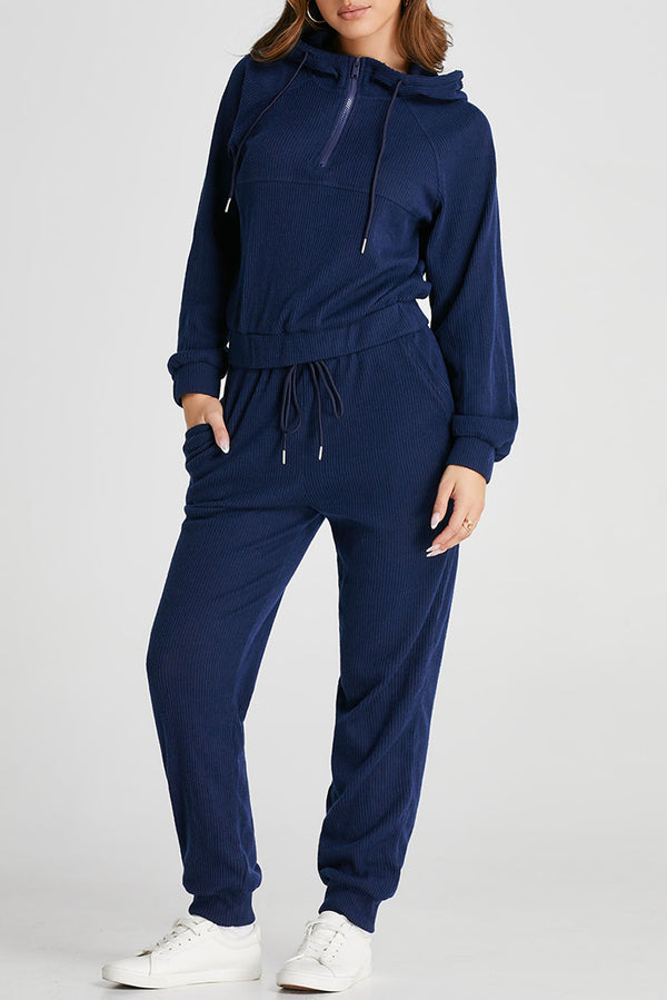 Hoodie femme en maille, à cordon, à capuche, côtelé, cropped — bleu marine