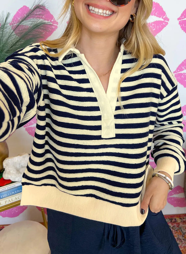 Haut femme rayé, manches longues, col V, casual — bleu