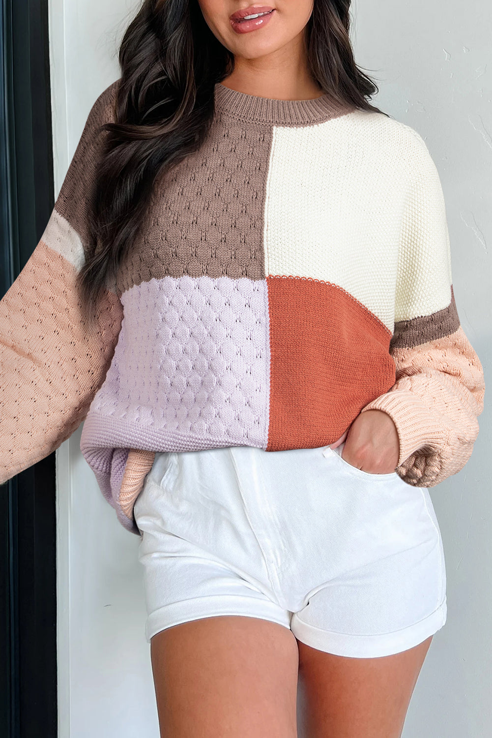 Pull femme en maille, colorblock — café