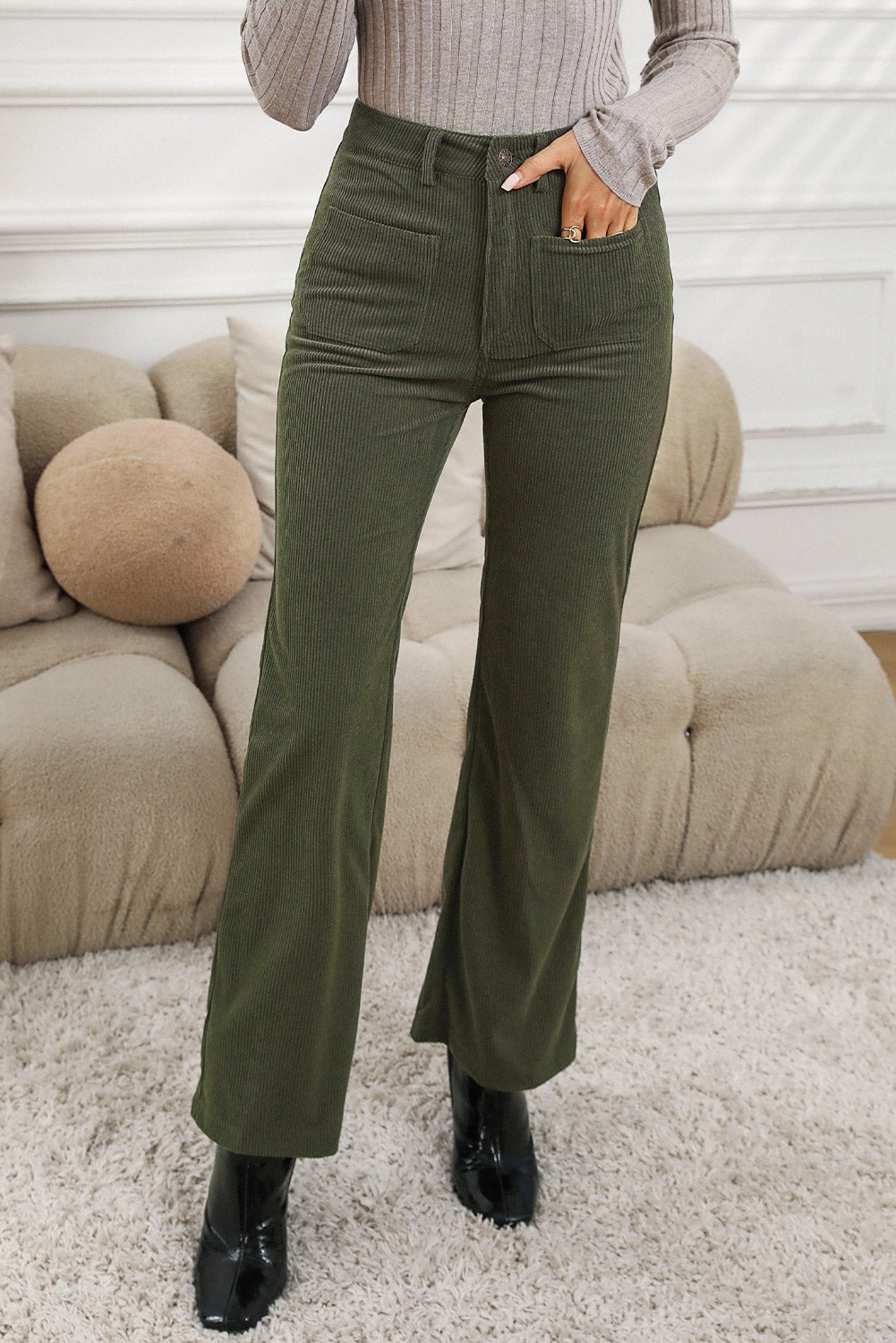 Pantalon femme poches, taille haute — vert