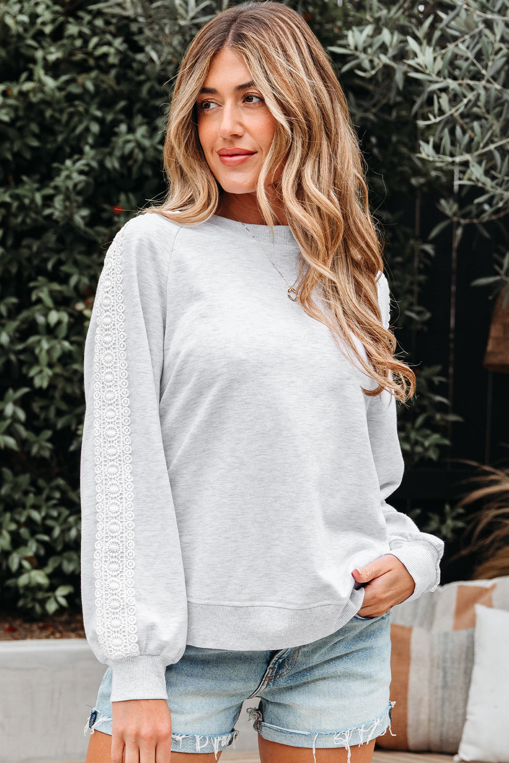 Sweat femme patchwork, col rond — gris clair