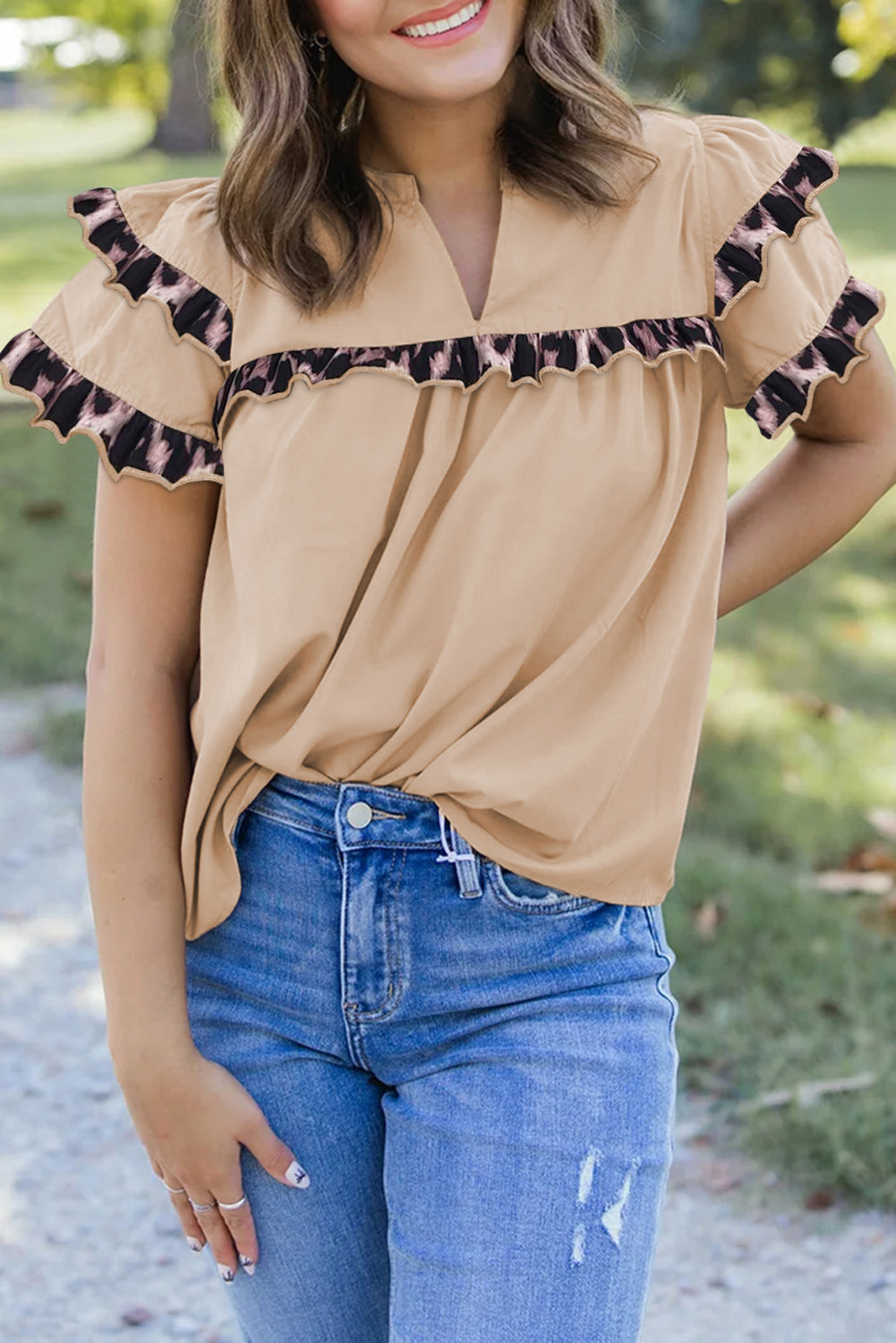 Blouse femme léopard, à volants, à étages, manches courtes — gris