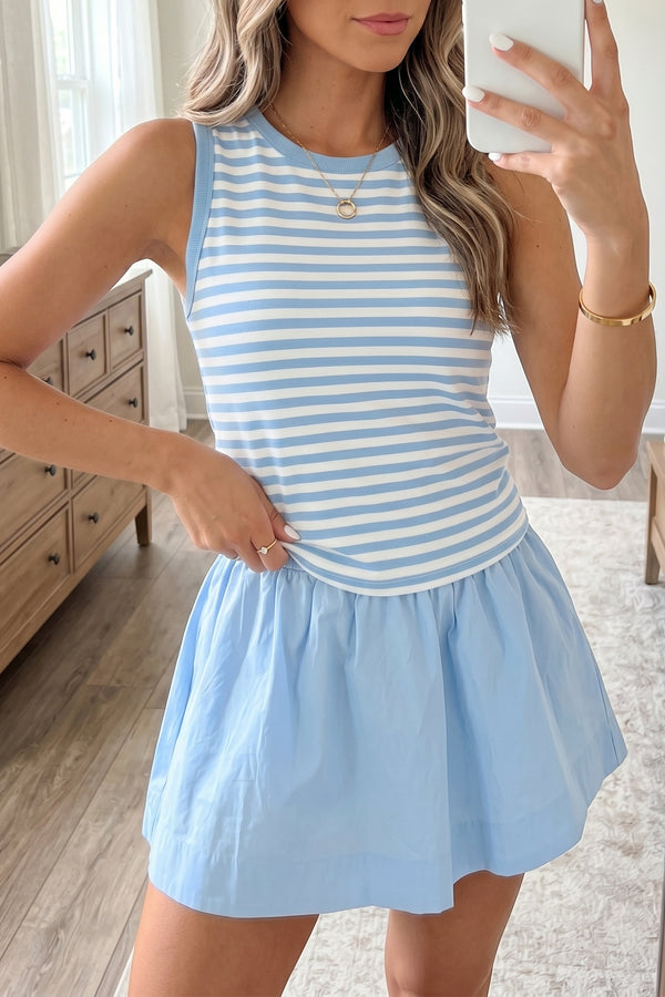 Jupe femme rayé, à volants, mini — bleu ciel