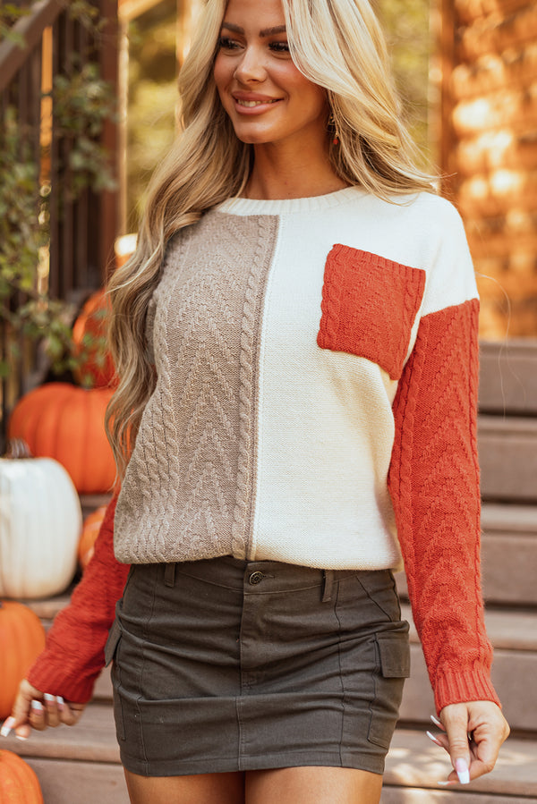 Pull femme poches, épaules tombantes, colorblock — doré-P5014