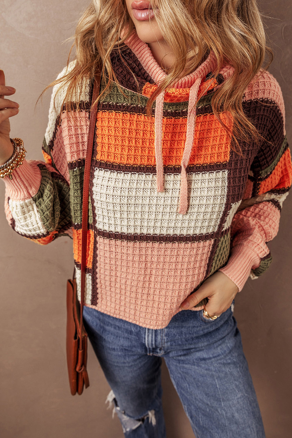 Pull femme gaufré, en maille, à cordon, col montant, colorblock — orange