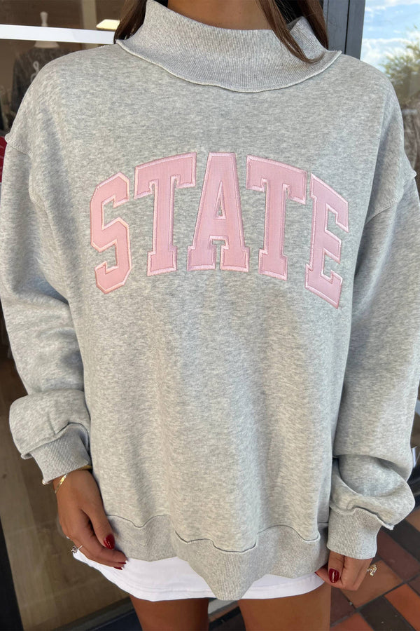 Light Grey Exposed Seam Mock Neck STATE Letter Graphic Loose Sweatshirt