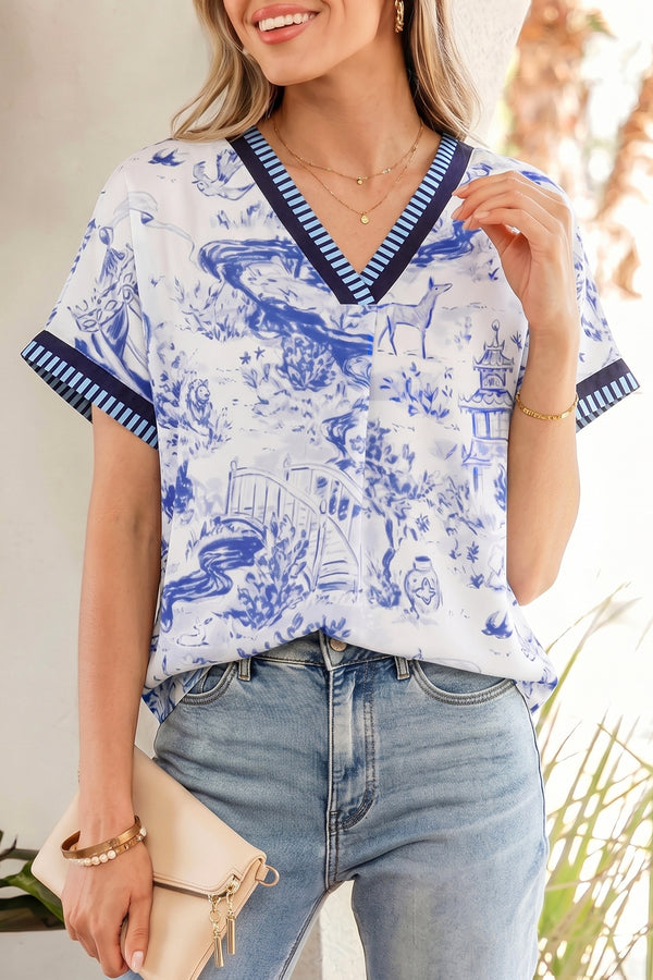 Blouse femme rayé, manches courtes, col V — bleu