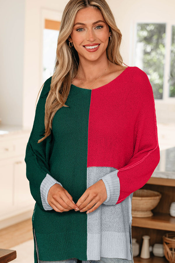 Pull femme en maille, col V, ample, colorblock