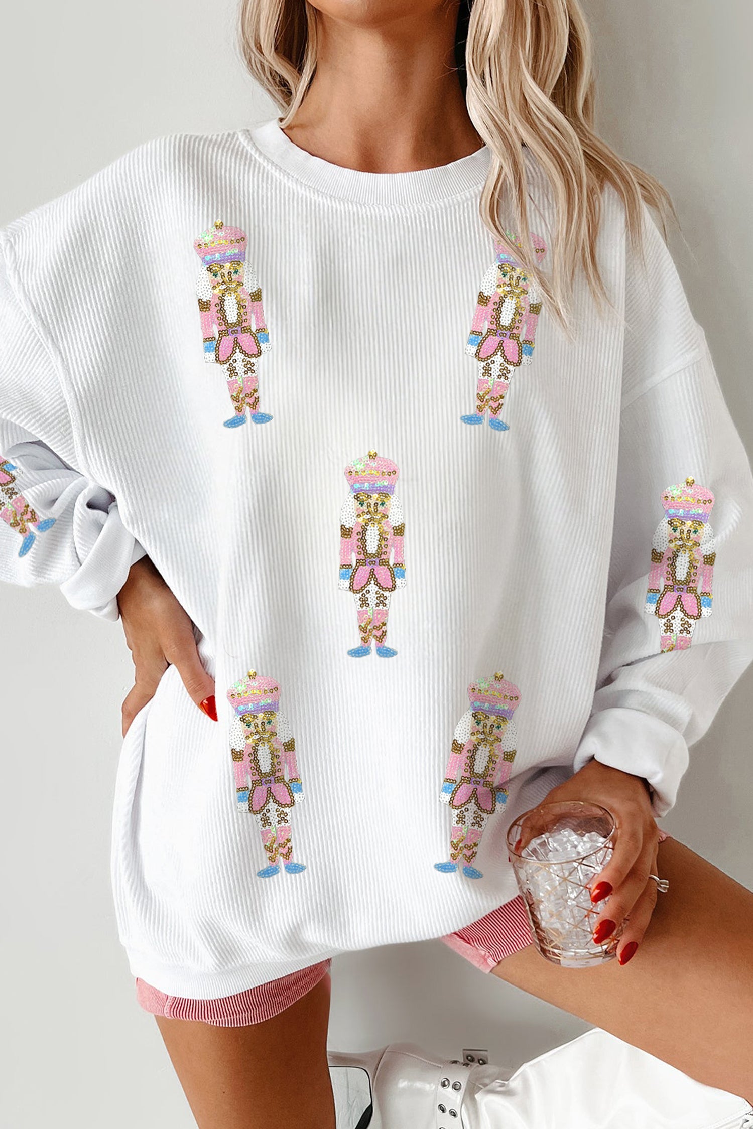 Sweat femme graphique, paillettes, Noël, épaules tombantes, côtelé — blanc