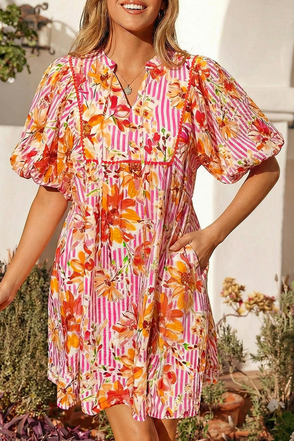 Robe courte femme floral, rayé, manches bouffantes, ample — rose
