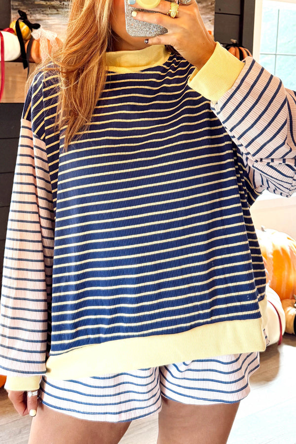 Short femme rayé, en maille, manches longues, casual, côtelé, colorblock — bleu